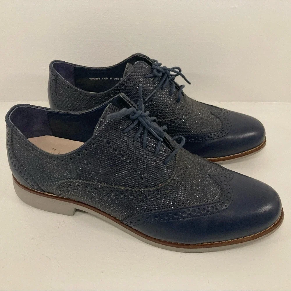 ✨Cole Haan‎ Zerogrand W00898 Glitter Navy Blue Oxford Retro Prom Fancy Sparkle